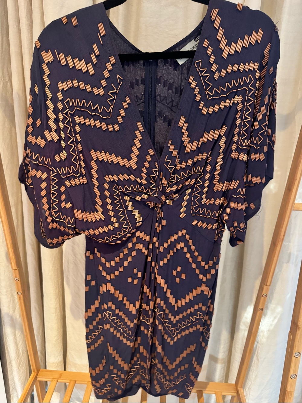 Navy & Tan Patterned deep V-Neck dress